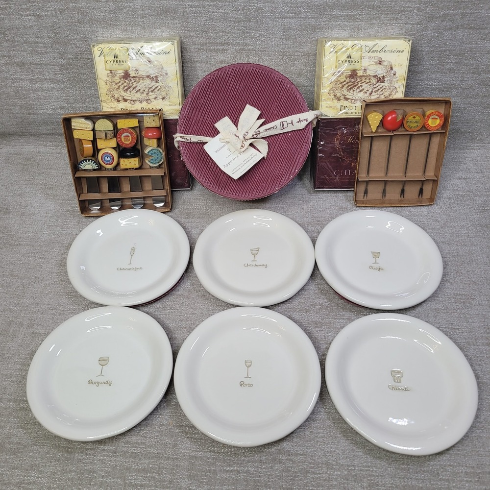 Williams Sonoma Wine Series Appetizer Plates Embossed 6" w Napkins Knives & Pics